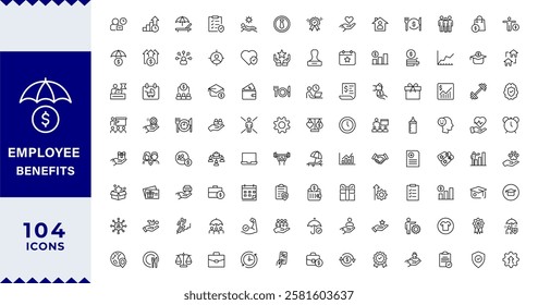 Employee benefits line icon set. Maternity leave, paid leave, meals, insurance, company transport, bonuses,, paid vacation, social security icons and more signs. Flat icon collection.