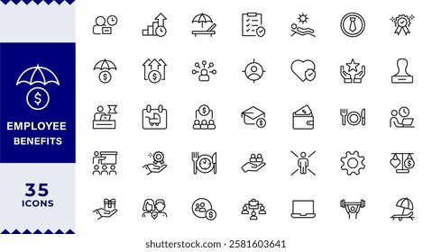 Employee benefits line icon set. Maternity leave, paid leave, meals, insurance, company transport, bonuses,, paid vacation, social security icons and more signs. Flat icon collection.