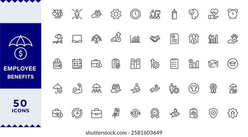 Employee benefits line icon set. Maternity leave, paid leave, meals, insurance, company transport, bonuses,, paid vacation, social security icons and more signs. Flat icon collection.