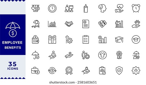 Employee benefits line icon set. Maternity leave, paid leave, meals, insurance, company transport, bonuses,, paid vacation, social security icons and more signs. Flat icon collection.