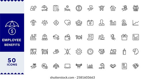 Employee benefits line icon set. Maternity leave, paid leave, meals, insurance, company transport, bonuses,, paid vacation, social security icons and more signs. Flat icon collection.