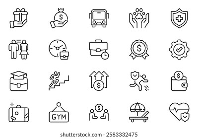 Employee benefits line icon set. Maternity leave, paid leave, meals, insurance, company transport, bonuses, protection from dismissal and more. Outline icon set. Vector collection.