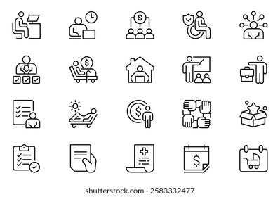 Employee benefits line icon set. Maternity leave, paid leave, meals, insurance, company transport, bonuses, protection from dismissal and more. Outline icon set. Vector collection.