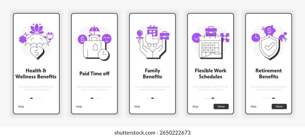 Tela de integração móvel de benefícios do funcionário. Férias, pensão. Horário de trabalho. Ilustração da interface do usuário do UX. Ícones de estilo de estrutura de tópicos plana com acento roxo