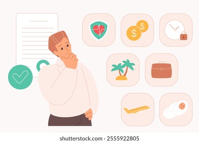 Employee benefits, motivation, bonuses and incentives. Tiny man thinking about advantages of employers contract, package of health insurance and vacation, travel and career cartoon vector illustration