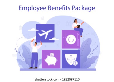 Employee benefits package concept. Compensation supplementing employee's salary. Worker advantages: overtime, medical insurance, vacation and retirement benefits. Flat vector illustration