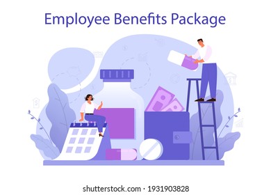 Employee benefits package concept. Compensation supplementing employee's salary. Worker advantages: overtime, medical insurance, vacation and retirement benefits. Flat vector illustration