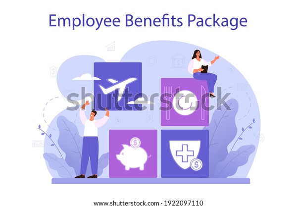 Employee benefits package concept.\
Compensation supplementing employee\'s salary. Worker advantages:\
overtime, medical insurance, vacation and retirement benefits. Flat\
vector illustration