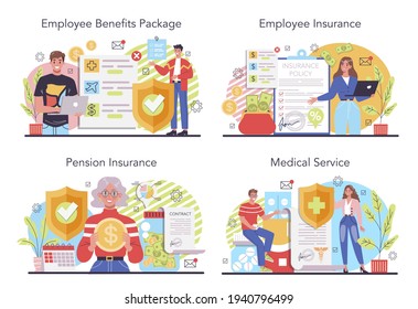 Employee benefits package concept set. Compensation supplementing