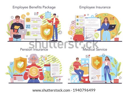 Employee benefits package concept set. Compensation supplementing