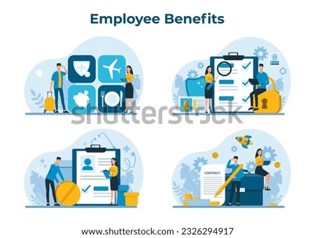 Employee benefits package concept.  Worker advantages: overtime, medical insurance, vacation, paid family leave and retirement benefits, vector set