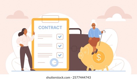 Employee benefits package, disability compensation and retirement, insurance payment. Office worker and contract with employer advantage, grandmother and piggy bank savings cartoon vector illustration