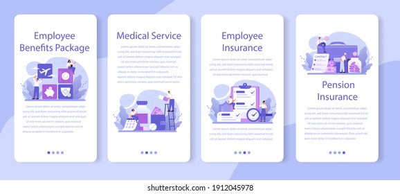 Employee benefits package mobile application banner set. Compensation supplementing employee's salary. Worker advantages: overtime, medical insurance, vacation. Flat vector illustration