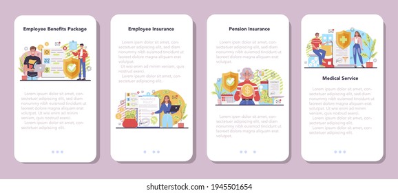 Employee benefits package mobile application banner set. Compensation