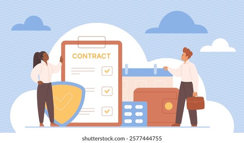 Employee benefits package, motivation to work in corporate company. Tiny people and advantages of employer contract, financial protection and insurance, salary and bonus cartoon vector illustration