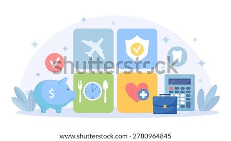 Employee benefits package set. Social guarantees and protection for workers. Worker advantages: meal reimbursement, medical insurance, vacation, retirement benefits. Compensation supplementing salary