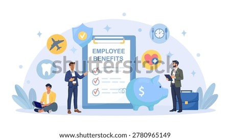 Employee benefits package. Social guarantees and protection for workers. Worker advantages: meal reimbursement, medical insurance, vacation, paid family leave and retirement benefits
