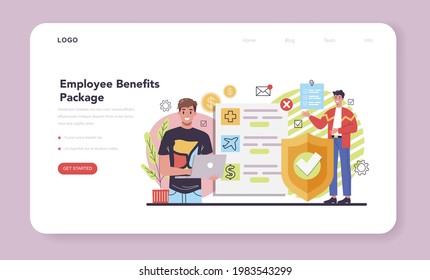 Employee Benefits Package Web Banner Or Landing Page. Compensation Supplementing Employee's Salary. Worker Advantages. Flat Vector Illustration