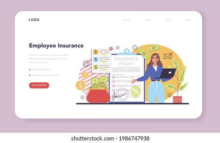 Employee Benefits Package Web Banner Or Landing Page. Compensation Supplementing Employee's Salary. Medical Employee Insurance. Flat Vector Illustration