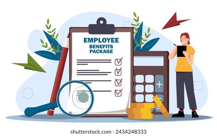 Employee benefits package. Woman with golden coins and calculator. Budgeting and accounting. Medicine, rest, insurance and salary. Cartoon flat vector illustration isolated on white background