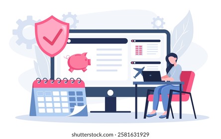 Employee benefits package. Woman with laptop near calendar and piggy bank. Social compensation for workers and employees. Life protection and insurance. Flat vector illustration