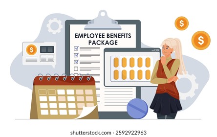 Employee benefits package. Woman standing near calendar and medicines. Legal protection of workers rights. Holidays and medical help. Social benefits and compensation. Flat vector illustration