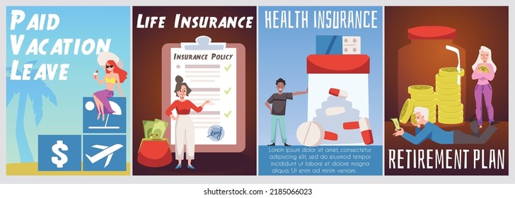 Employee Benefits Posters Set, Corporate Job Insurances Concept - Flat Vector Illustration. Paid Vacation Leave, Retirement Plan And Life And Health Insurances For Office Workers.