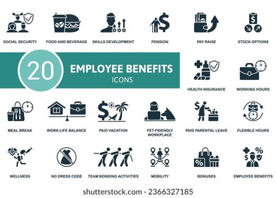 Employee benefits set. Creative icons: social security, food and beverage, skills development, pension, pay raise, stock options, health insurance, working hours, meal break, work life balance, paid