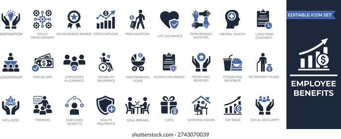 Employee benefits solid icon set. remote work, healthcare, insurance, pension, retirement, career, and corporate perks symbols. Solid vector icons collection.