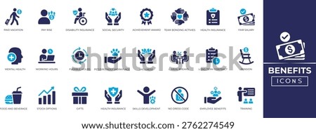 Employee benefits solid icon set. Health insurance, bonus, social security, insurance, mobility, official, pension, career, and more. Perfect icon collection. Vector illustration.