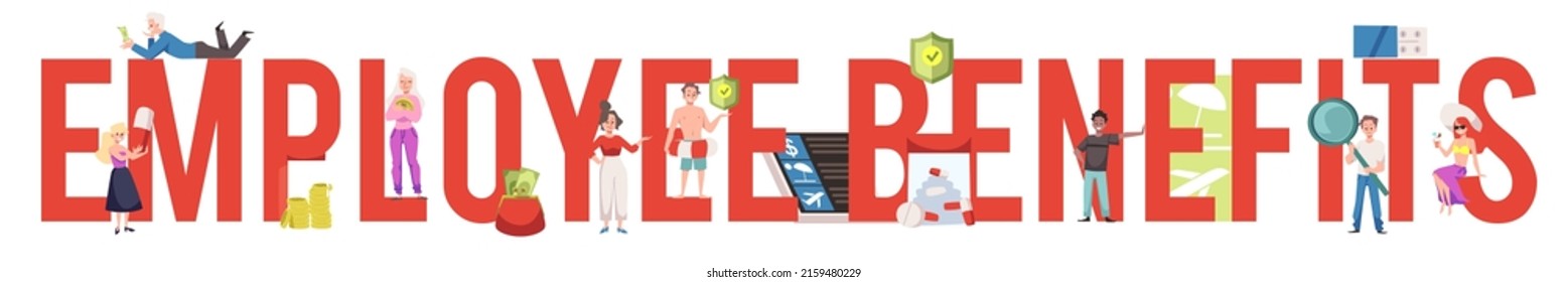 Employee Benefits Text Banner, Health Insurance, Paid Vacation And Pension Concepts - Flat Vector Illustration. Cartoon Characters Of Office Workers Using Company Perks.