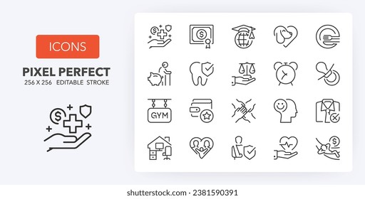 Employee benefits, thin line icon set. Outline symbol collection. Editable vector stroke. 256x256 Pixel Perfect scalable to 128px, 64px... svg