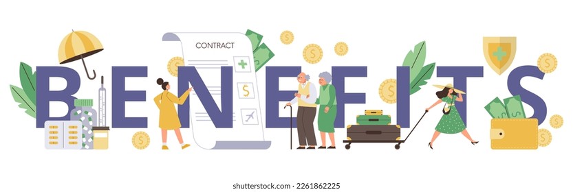 Employee benefits typographic header, flat vector illustration isolated on white background. Employee perks banner with tiny characters going on paid vacation and retirement.