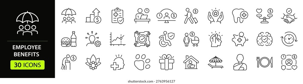 Employee benefits Web Icon Set in Linear Style. Collection of benefits, line icons, including social security, work-life balance, pay raise, insurance, wellness, compensation and more. Editable stroke