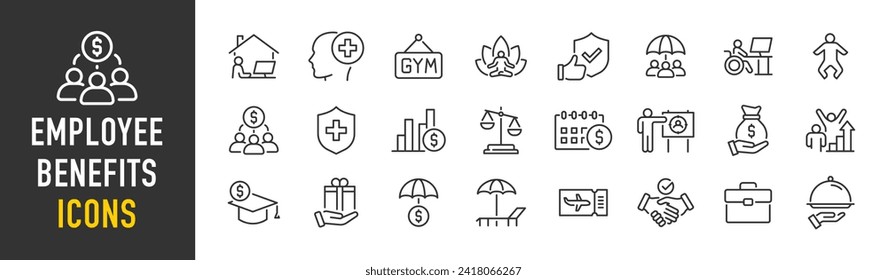 Employee benefits web icons in line style. Health insurance, bonus, social security, maternity rest, paid vacation, collection. Vector illustration.