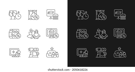 Employee benefits for wellbeing linear icons set for dark and light mode. Providing corporate discounts. Customizable thin line symbols. Isolated vector outline illustrations. Editable stroke
