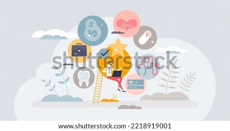 Employee benefits as work bonuses for workforce loyalty tiny person concept. Company staff satisfaction boost and perks package with financial motivation, vacations and insurance vector illustration.
