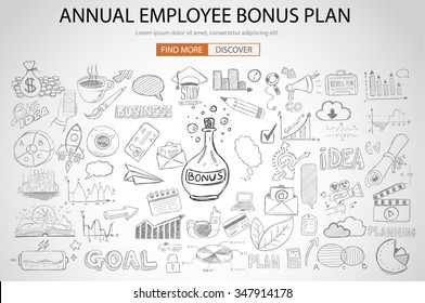 Employee Bonus Benefit Plan Concept With Doodle Design Style Online Purchases, Banking, Money Spending. Modern Style Illustration For Web Banners, Brochure And Flyers.