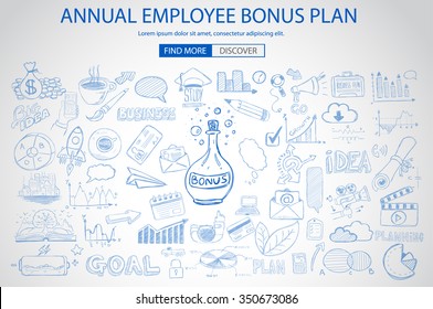 Employee Bonus Benefit Plan Concept With Doodle Design Style Online Purchases, Banking, Money Spending. Modern Style Illustration For Web Banners, Brochure And Flyers.