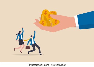 Employee bonus money, salary or income increase based on work performance or prize or gift to boost employee morale concept, giant boss hand giving stack of coins money to happy office workers.