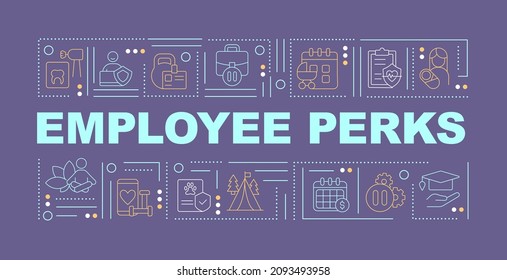 Employee bonuses word concepts banner. Benefits for staff. Infographics with linear icons on purple background. Isolated typography. Vector outline color illustration with text. Arial-Black font used