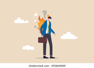 Employee burn out, exhausted from overworked or overload task, mental problem or stressful from too much workload concept, depressed businessman office worker with fire burn on his head and suit.