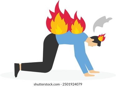 Employee burn out, exhausted from overworked or overload task, mental problem or stressful from too much workload concept, depressed businessman office worker with fire burn on his head and suit.

