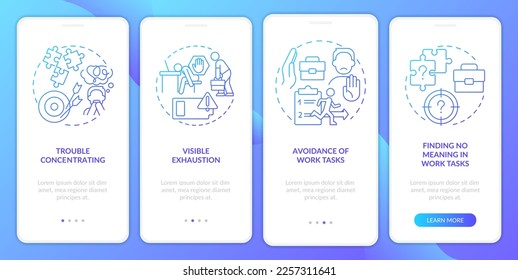 Employee burnout implications blue gradient onboarding mobile app screen. Walkthrough 4 steps graphic instructions with linear concepts. UI, UX, GUI template. Myriad Pro-Bold, Regular fonts used