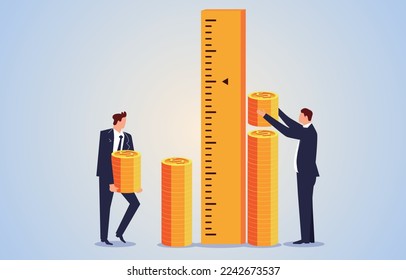 Rendimiento y medición del desarrollo de los empleados o las empresas, comparación del desarrollo del rendimiento y competencia, mejora o crecimiento de los negocios propios, comerciantes que llevan monedas de oro a un gobernante y miden