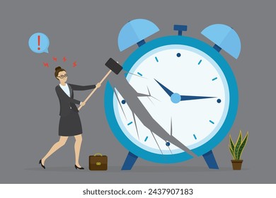 Employee or business woman smashes big alarm clock using hammer. Burnout at work. Business stress, deadline. Dissatisfaction with work. Bad time management. Last call, final countdown. Flat Vector