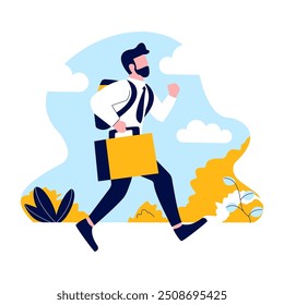 Employee Businessman Man Running Fast Go to Work with Holding Suitcase