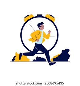 Employee Businessman Man Running Fast Go to Work with Time Beaker Clock