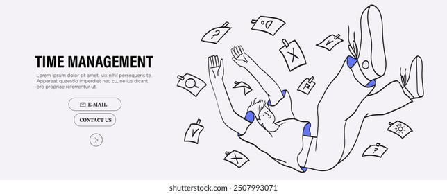 Employee, businessman or student fail to manage work time and finish tasks on time. Low productivity, stress and procrastination concept. Vector illustration of falling man.