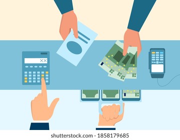 Employee Calculates Cost Of Purchase. Concept Of Customer And Businessman Interaction With Card And Modern Payment Terminal Device. Flat Cartoon Vector Illustration.